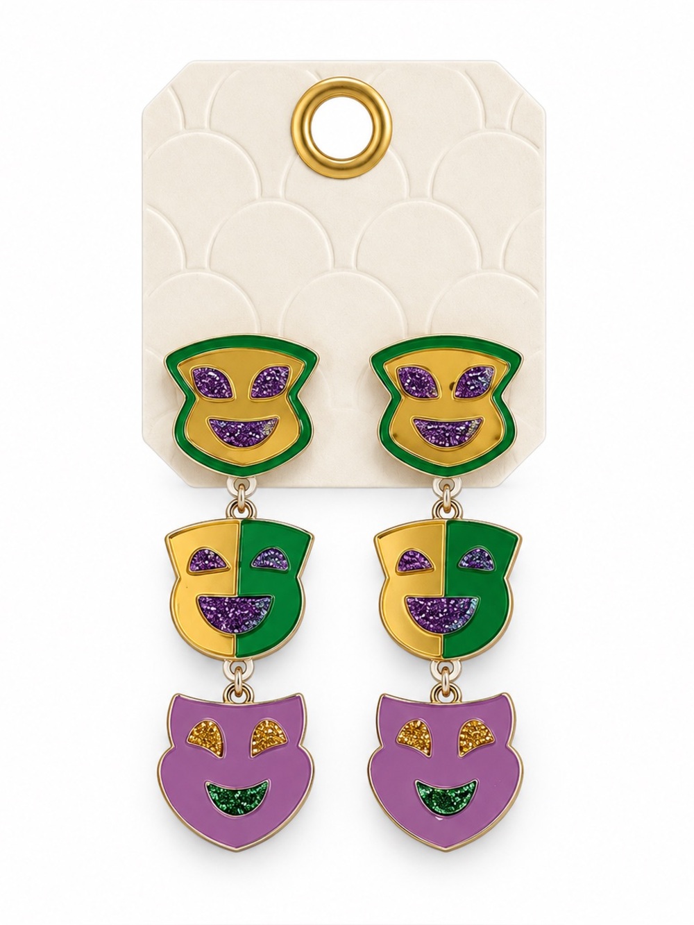Mirrored Mardi Gras Mask Green Yellow Purple Glittery Tiered 2.5" Earrings